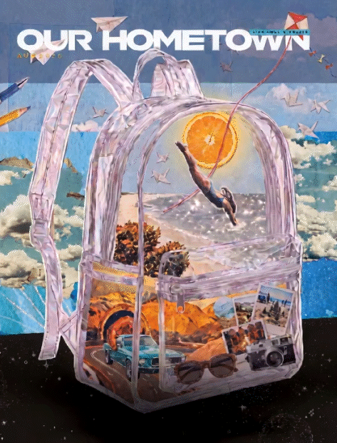August 2026 Our Hometown magazine from Boudreau Insurance, featuring a transparent backpack filled with summer memories, including a beach, diver, road trip, camera, sunglasses, and photographs.
